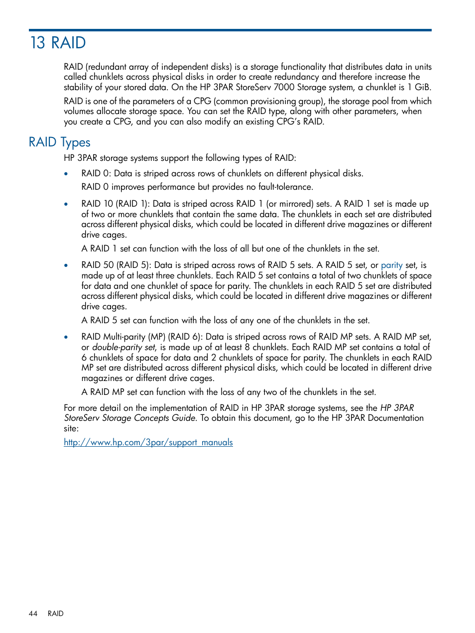 13 raid, Raid types | HP 3PAR Operating System Software User Manual | Page 44 / 56