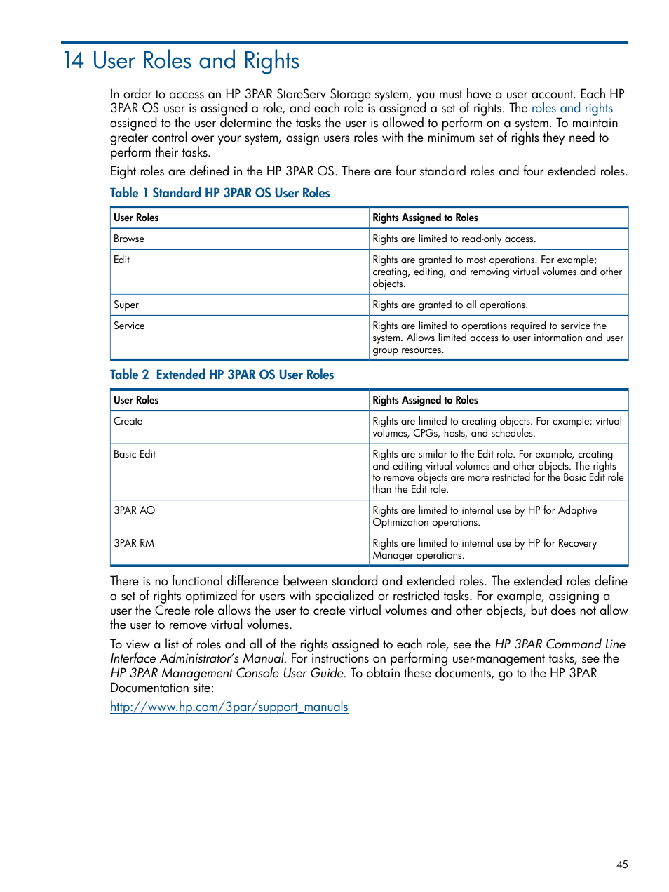 14 user roles and rights | HP 3PAR Operating System Software User Manual | Page 45 / 56