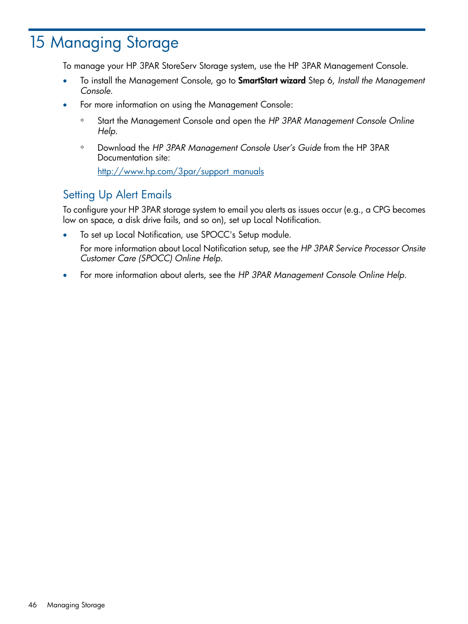15 managing storage, Setting up alert emails | HP 3PAR Operating System Software User Manual | Page 46 / 56