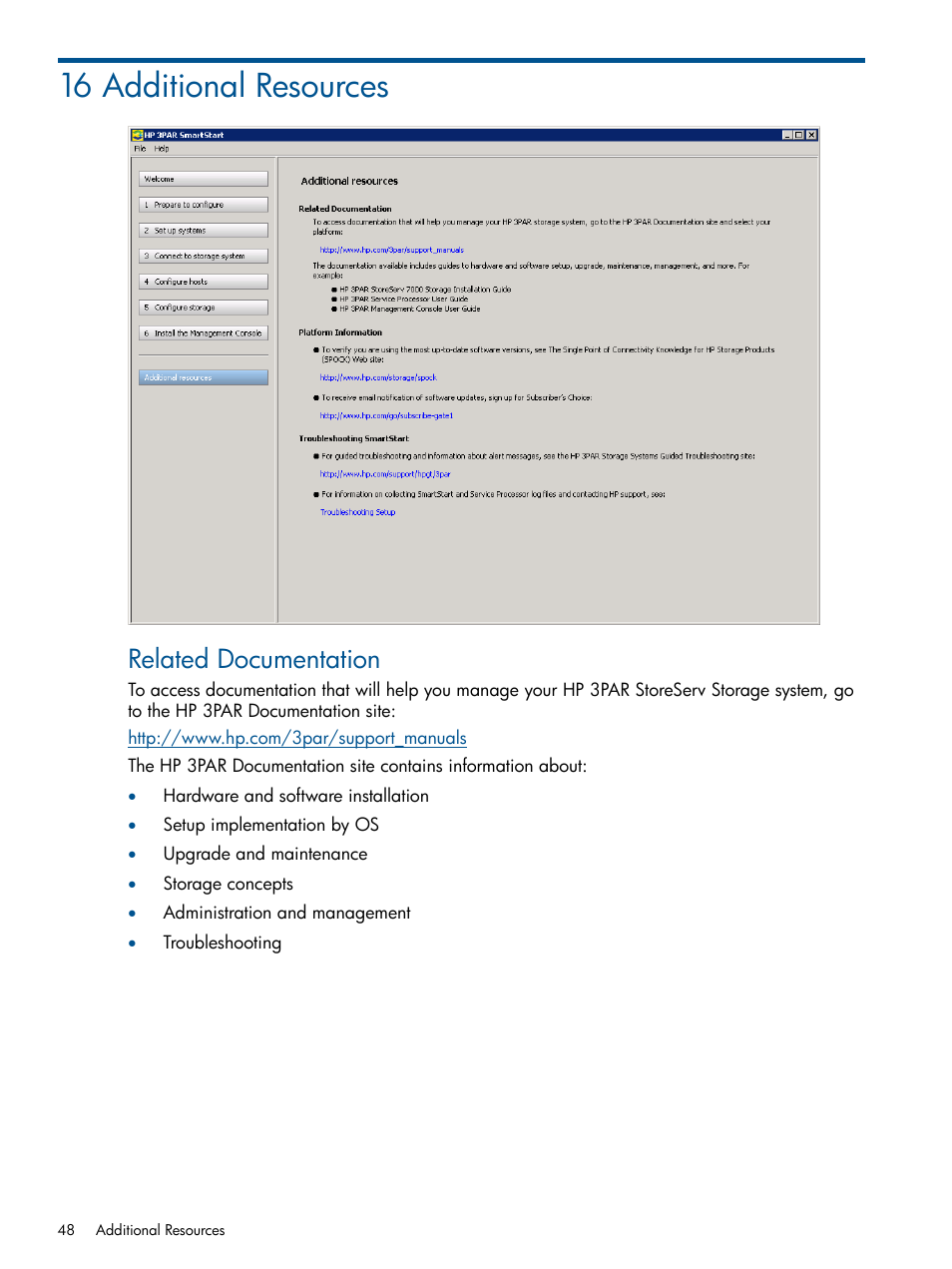 16 additional resources, Related documentation | HP 3PAR Operating System Software User Manual | Page 48 / 56