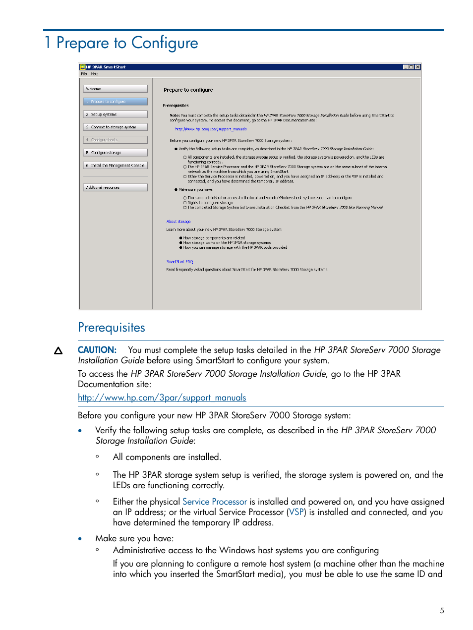 1 prepare to configure, Prerequisites | HP 3PAR Operating System Software User Manual | Page 5 / 56