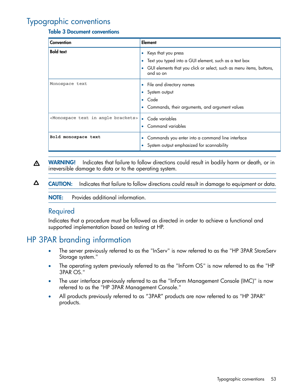 Typographic conventions, Hp 3par branding information, Required | HP 3PAR Operating System Software User Manual | Page 53 / 56