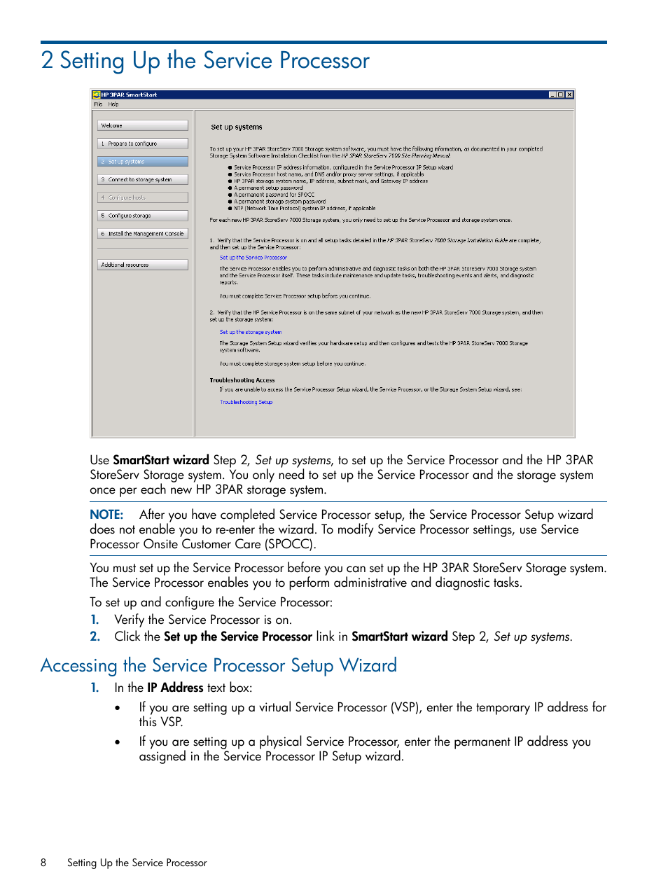 2 setting up the service processor, Accessing the service processor setup wizard | HP 3PAR Operating System Software User Manual | Page 8 / 56