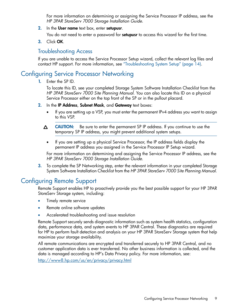 Configuring service processor networking, Configuring remote support, Troubleshooting access | HP 3PAR Operating System Software User Manual | Page 9 / 56