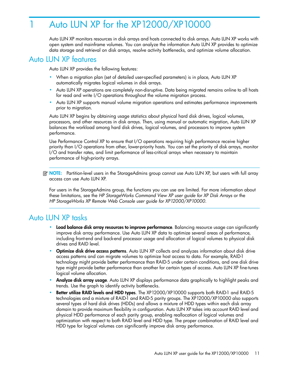 Auto lun xp for the xp12000/xp10000, Auto lun xp features, Auto lun xp tasks | 1 auto lun xp for the xp12000/xp10000 | HP StorageWorks XP Remote Web Console Software User Manual | Page 11 / 68