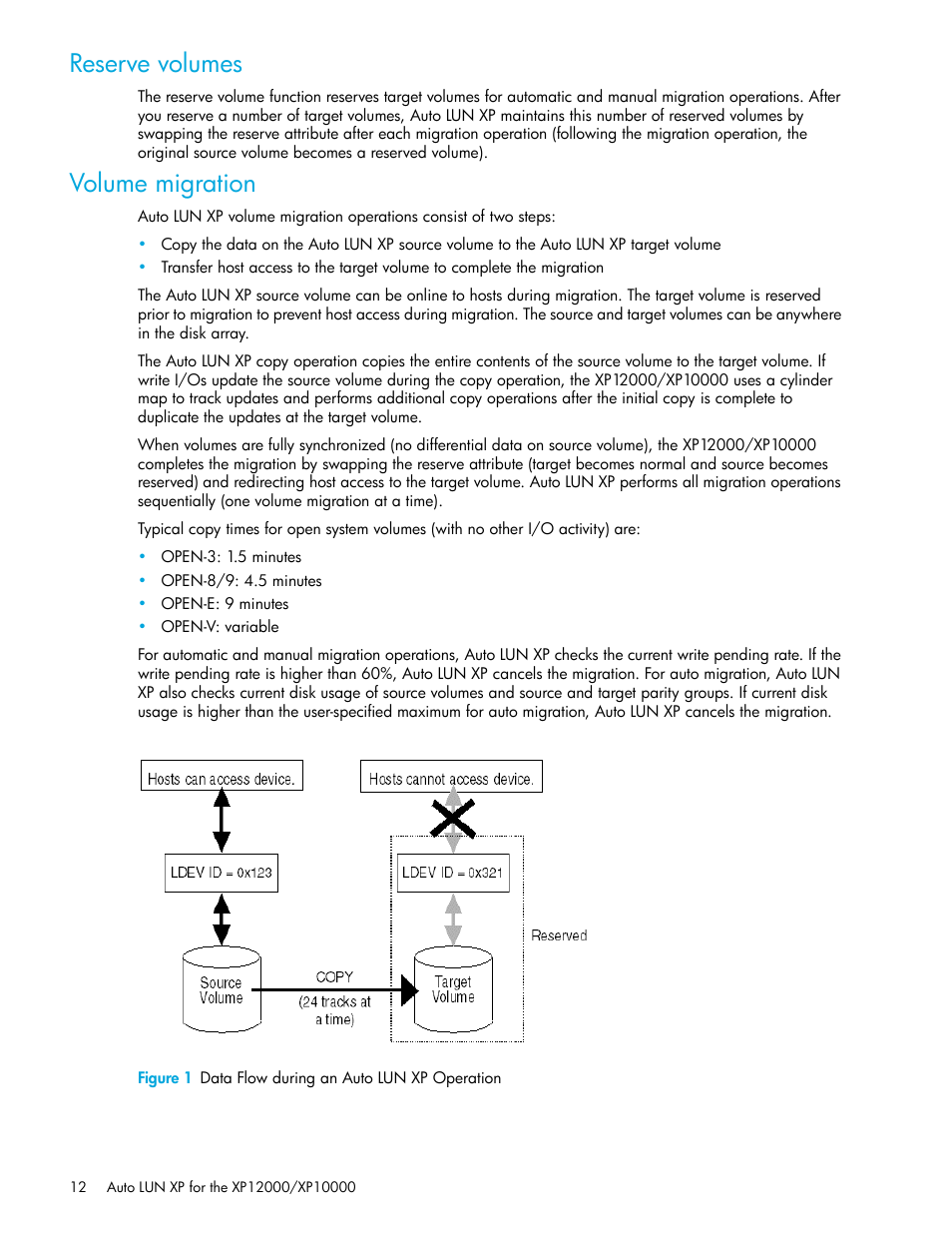 Reserve volumes, Volume migration, Figure 1 data flow during an auto lun xp operation | 1 data flow during an auto lun xp operation | HP StorageWorks XP Remote Web Console Software User Manual | Page 12 / 68