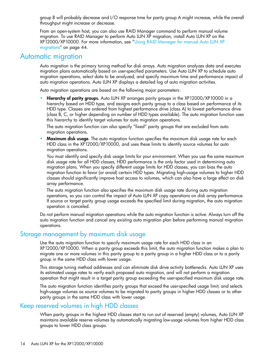 Automatic migration, Storage management by maximum disk usage, Keep reserved volumes in high hdd classes | HP StorageWorks XP Remote Web Console Software User Manual | Page 14 / 68