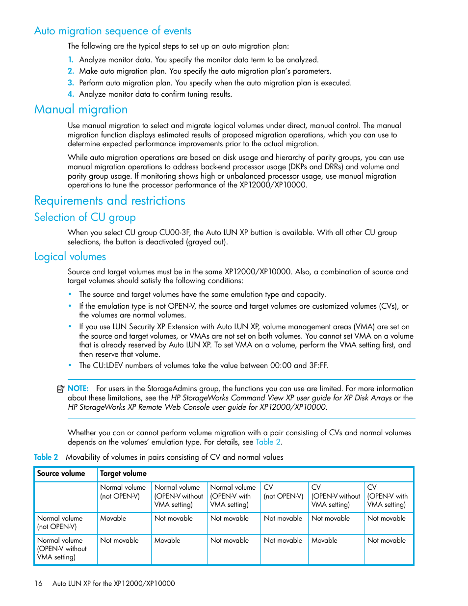 Auto migration sequence of events, Manual migration, Requirements and restrictions | Selection of cu group, Logical volumes | HP StorageWorks XP Remote Web Console Software User Manual | Page 16 / 68