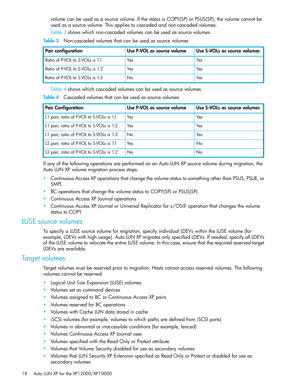 Luse source volumes, Target volumes | HP StorageWorks XP Remote Web Console Software User Manual | Page 18 / 68