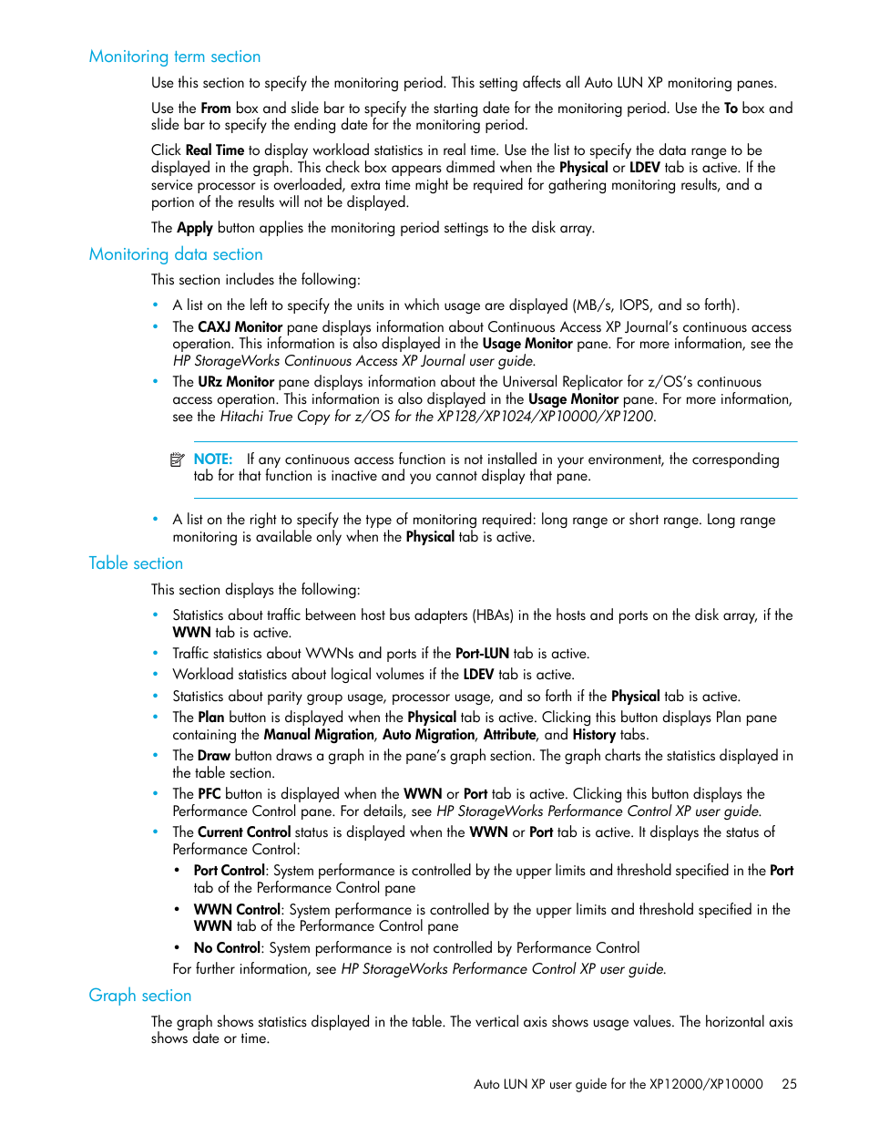 Monitoring term section, Monitoring data section, Table section | Graph section | HP StorageWorks XP Remote Web Console Software User Manual | Page 25 / 68