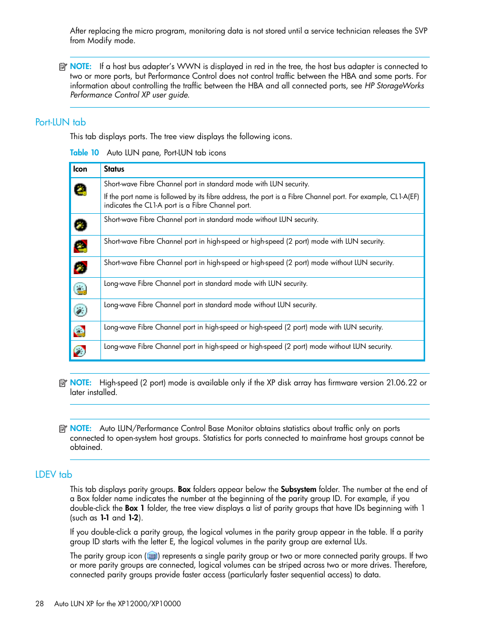 Port-lun tab, Table 10 auto lun pane, port-lun tab icons, Ldev tab | 10 auto lun pane, port-lun tab icons | HP StorageWorks XP Remote Web Console Software User Manual | Page 28 / 68