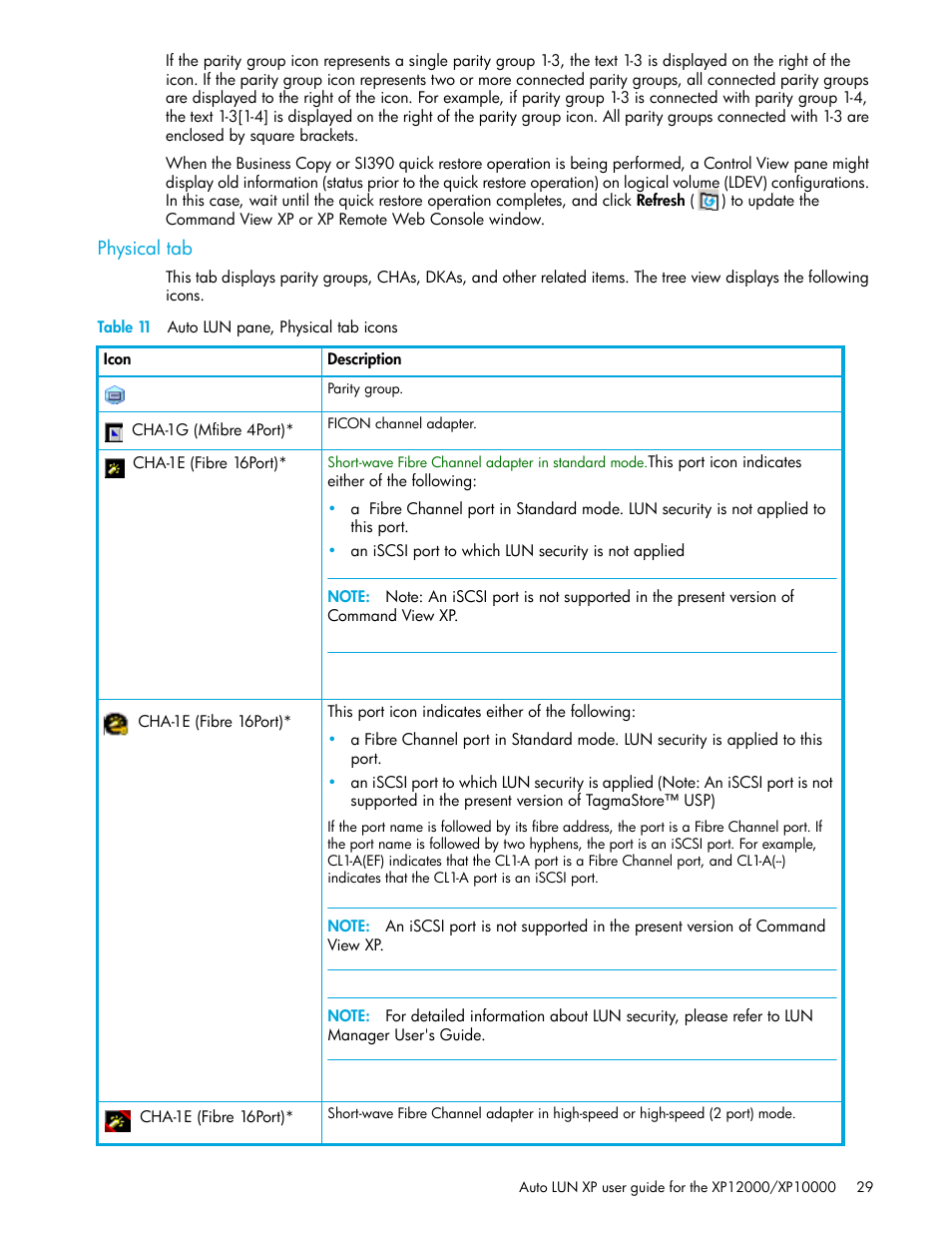 Physical tab, Table 11 auto lun pane, physical tab icons, 11 auto lun pane, physical tab icons | HP StorageWorks XP Remote Web Console Software User Manual | Page 29 / 68