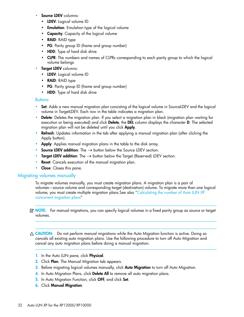 Buttons, Migrating volumes manually | HP StorageWorks XP Remote Web Console Software User Manual | Page 32 / 68