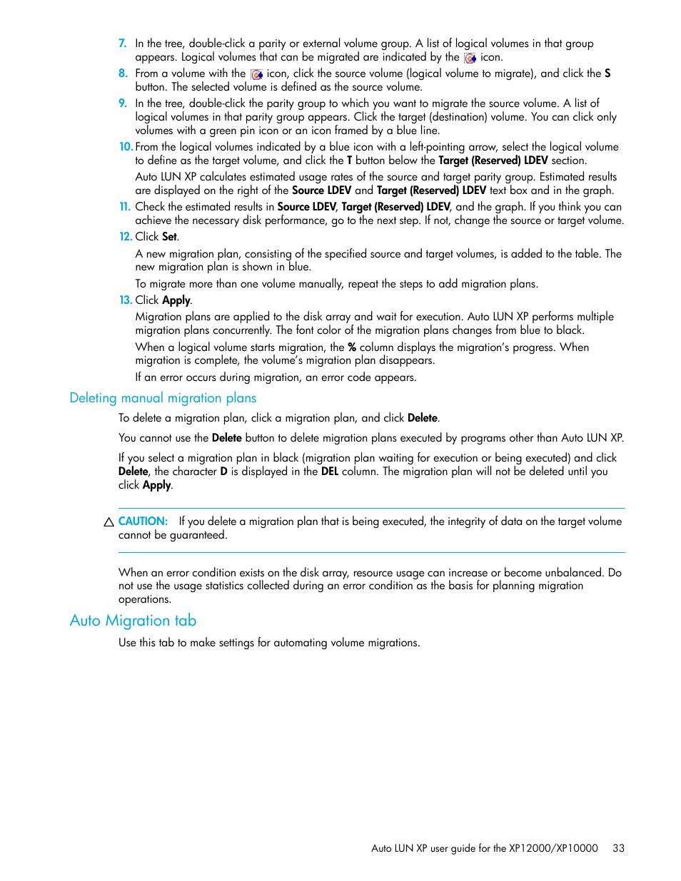 Deleting manual migration plans, Auto migration tab | HP StorageWorks XP Remote Web Console Software User Manual | Page 33 / 68