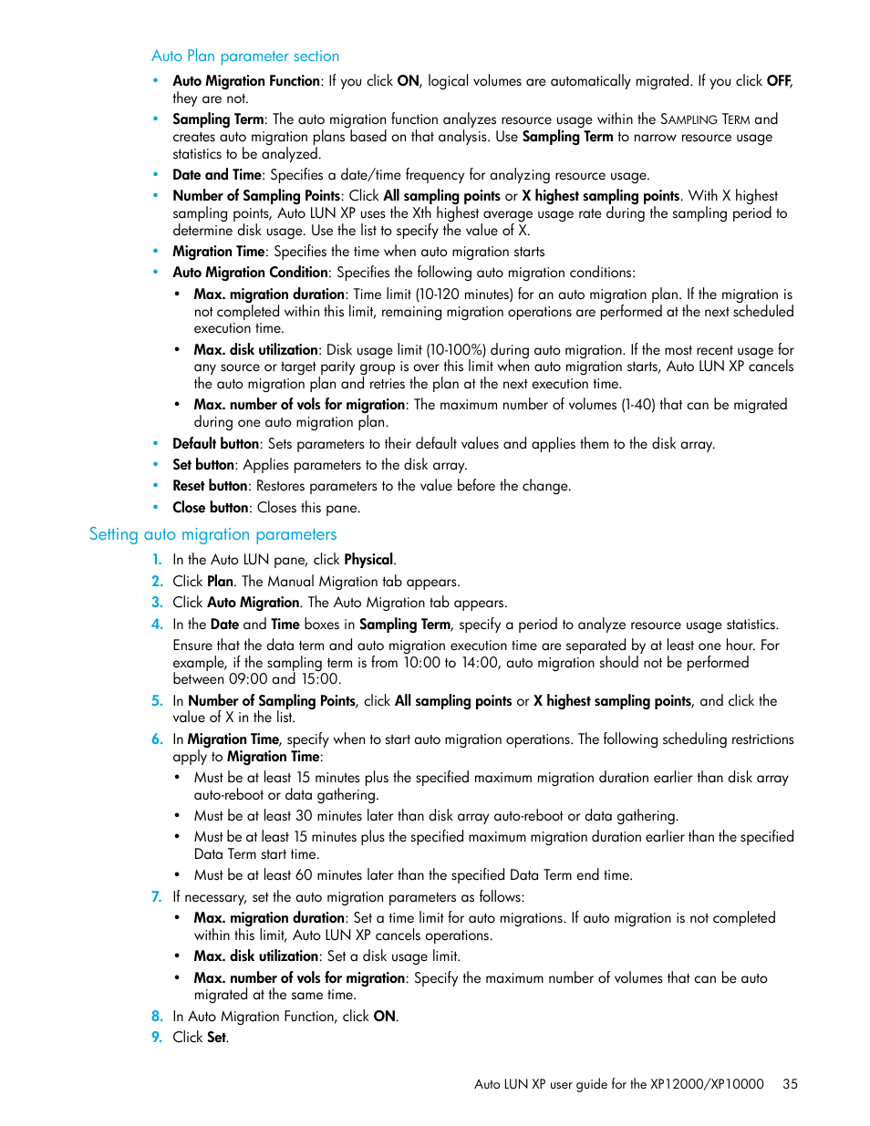 Auto plan parameter section, Setting auto migration parameters | HP StorageWorks XP Remote Web Console Software User Manual | Page 35 / 68