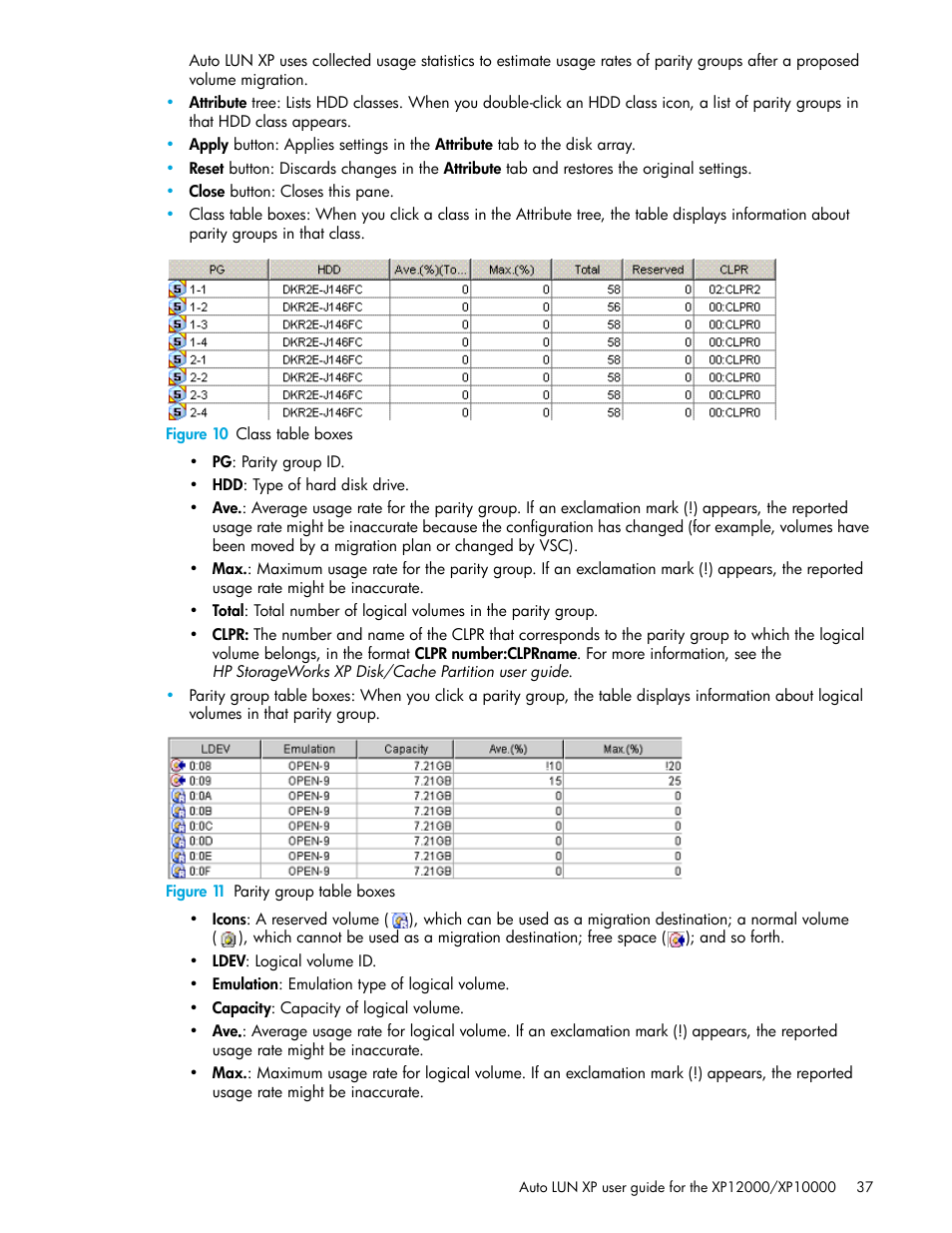 Figure 10 class table boxes, Figure 11 parity group table boxes, 10 class table boxes | 11 parity group table boxes | HP StorageWorks XP Remote Web Console Software User Manual | Page 37 / 68