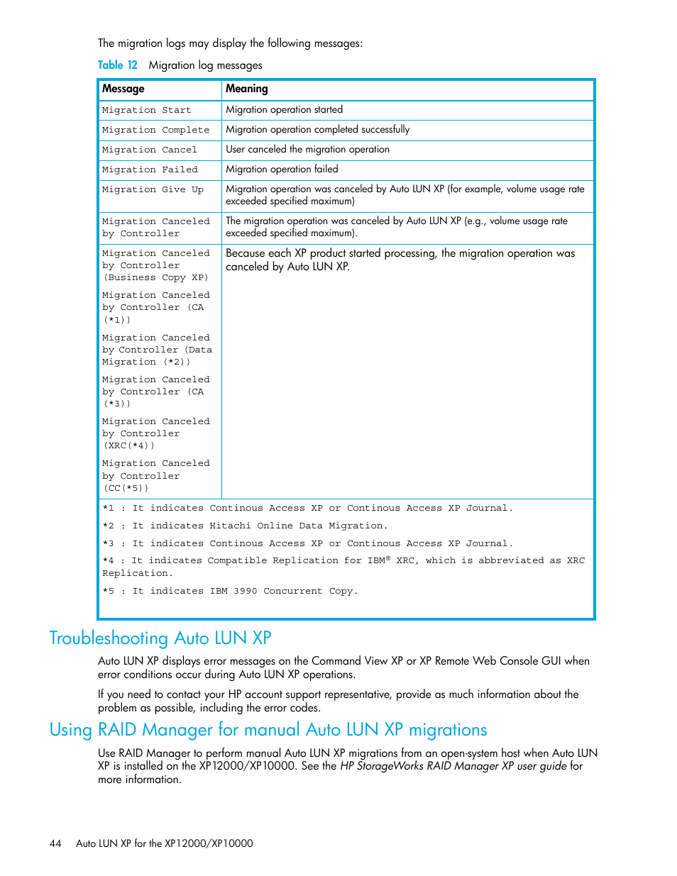 Table 12 migration log messages, Troubleshooting auto lun xp, 12 migration log messages | Using raid manager for manual auto lun xp, Migrations | HP StorageWorks XP Remote Web Console Software User Manual | Page 44 / 68