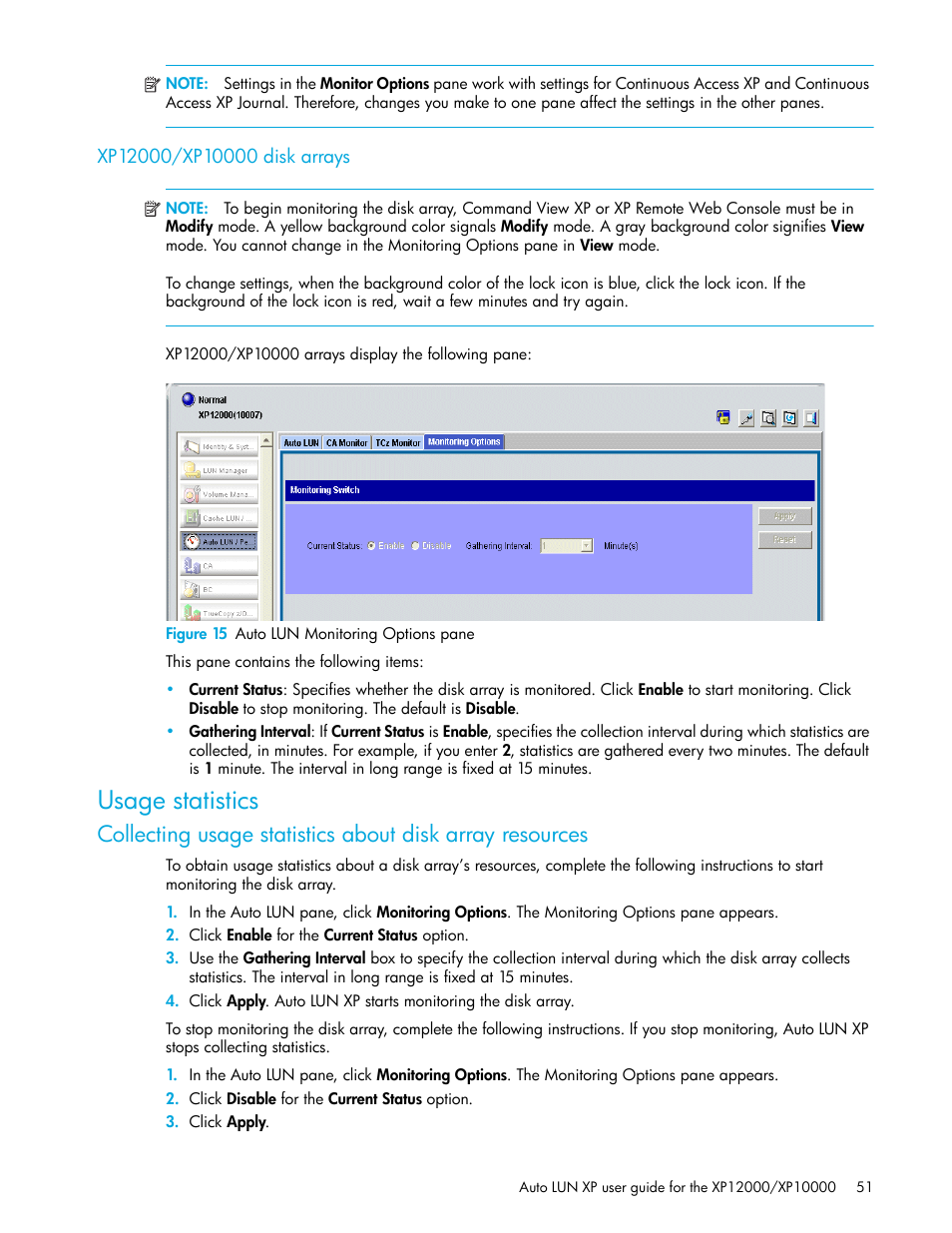 Xp12000/xp10000 disk arrays, Figure 15 auto lun monitoring options pane, Usage statistics | 15 auto lun monitoring options pane | HP StorageWorks XP Remote Web Console Software User Manual | Page 51 / 68