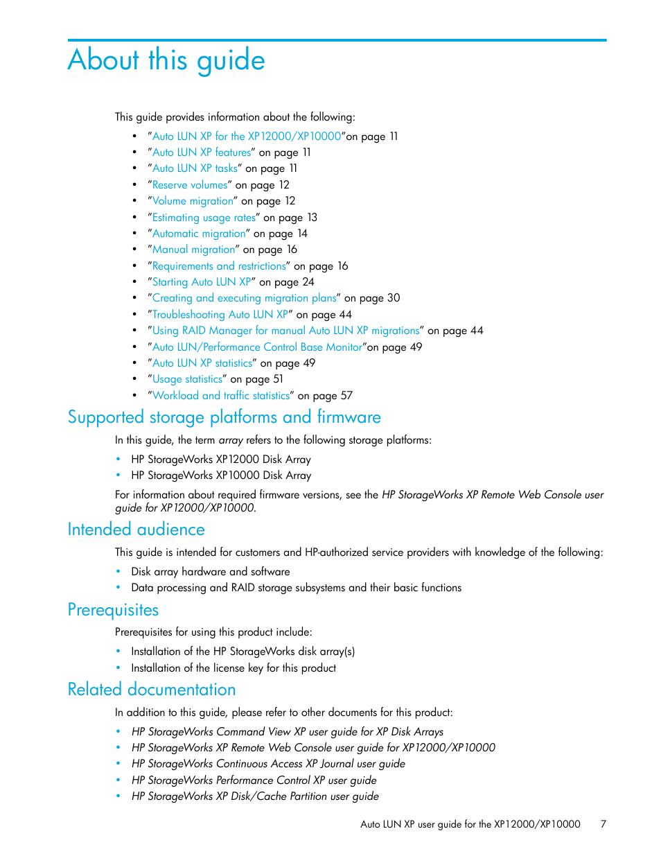 Supported storage platforms and firmware, Intended audience, Prerequisites | Related documentation, About this guide | HP StorageWorks XP Remote Web Console Software User Manual | Page 7 / 68