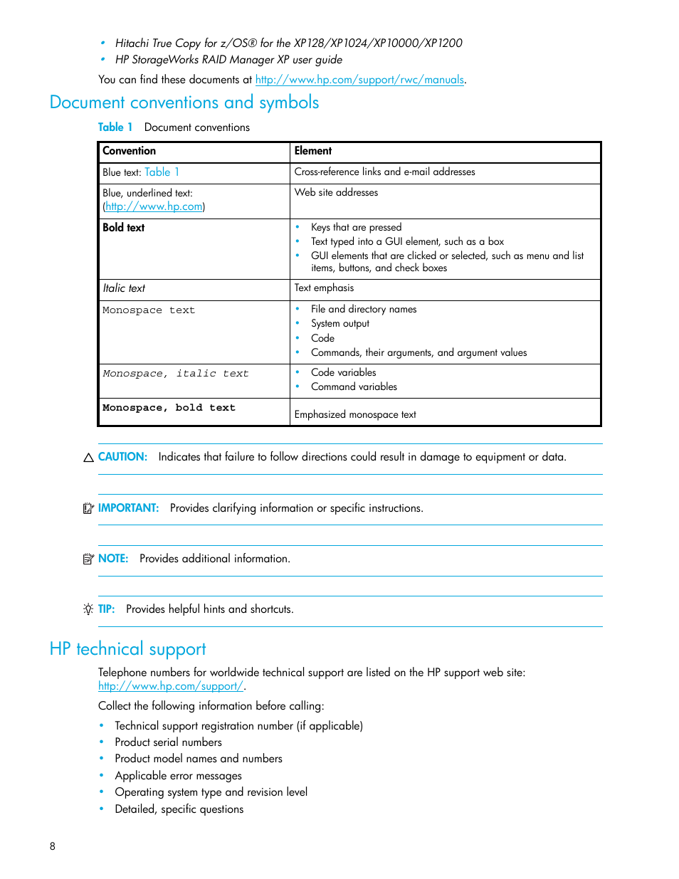 Document conventions and symbols, Table 1 document conventions, Hp technical support | 1 document conventions | HP StorageWorks XP Remote Web Console Software User Manual | Page 8 / 68