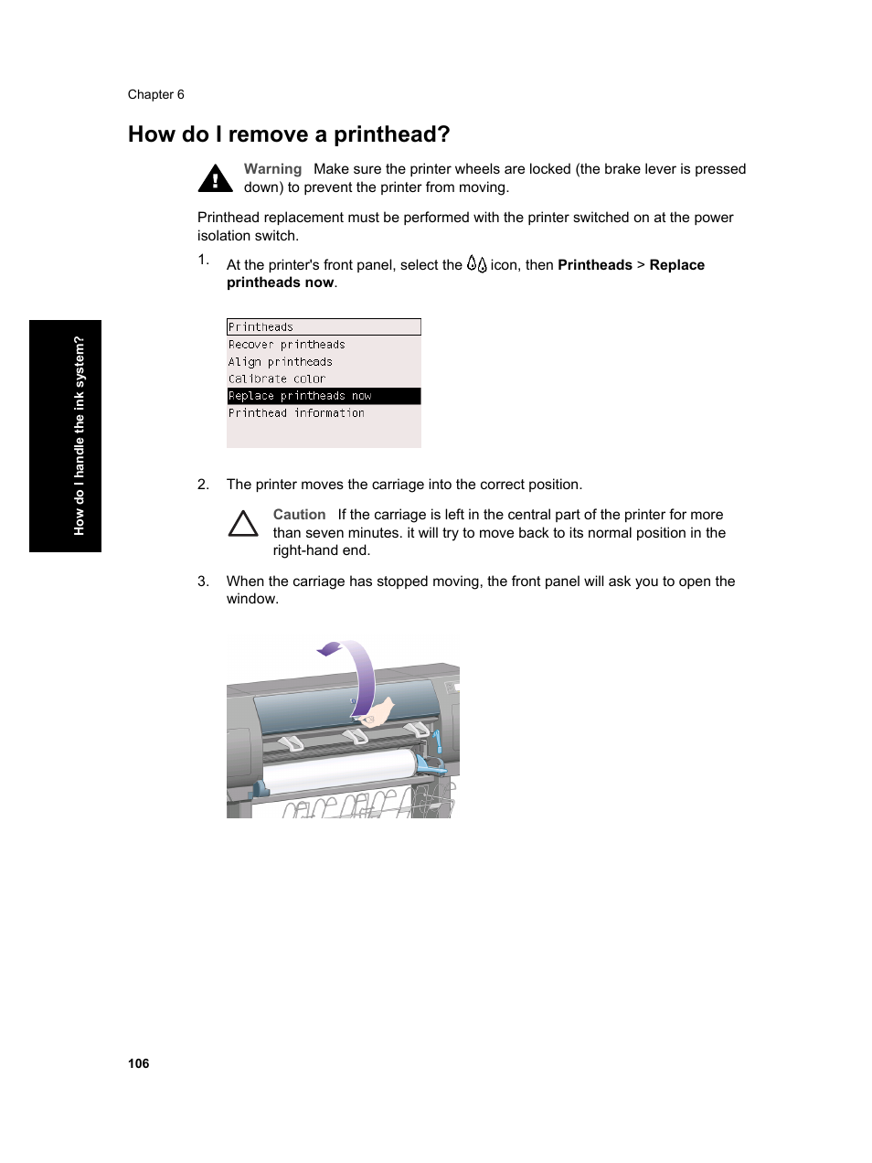 How do i remove a printhead | HP Designjet 4000 Printer series User Manual | Page 108 / 268