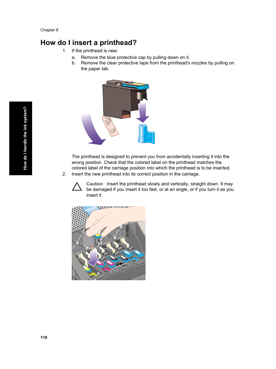 How do i insert a printhead | HP Designjet 4000 Printer series User Manual | Page 112 / 268