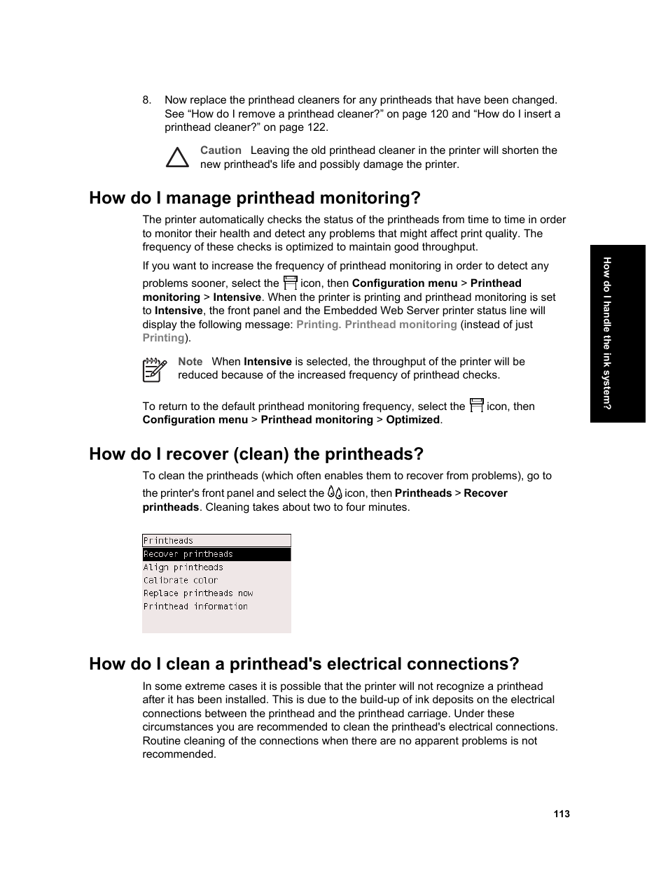 How do i manage printhead monitoring, How do i recover (clean) the printheads | HP Designjet 4000 Printer series User Manual | Page 115 / 268