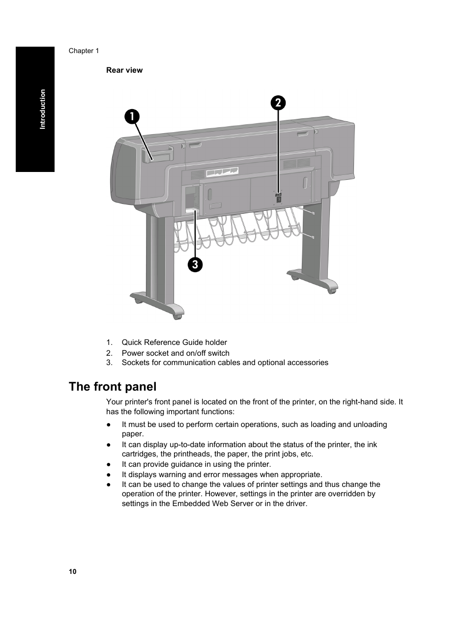 The front panel | HP Designjet 4000 Printer series User Manual | Page 12 / 268