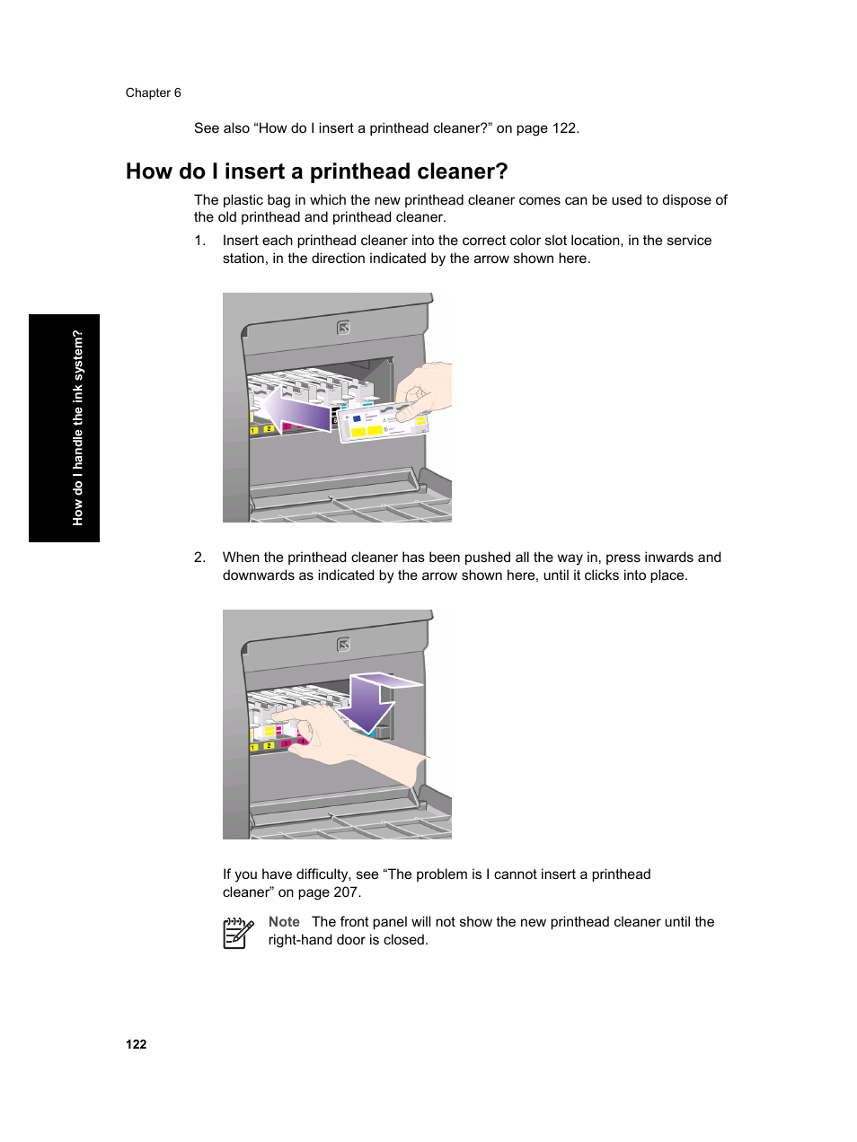 How do i insert a printhead cleaner | HP Designjet 4000 Printer series User Manual | Page 124 / 268