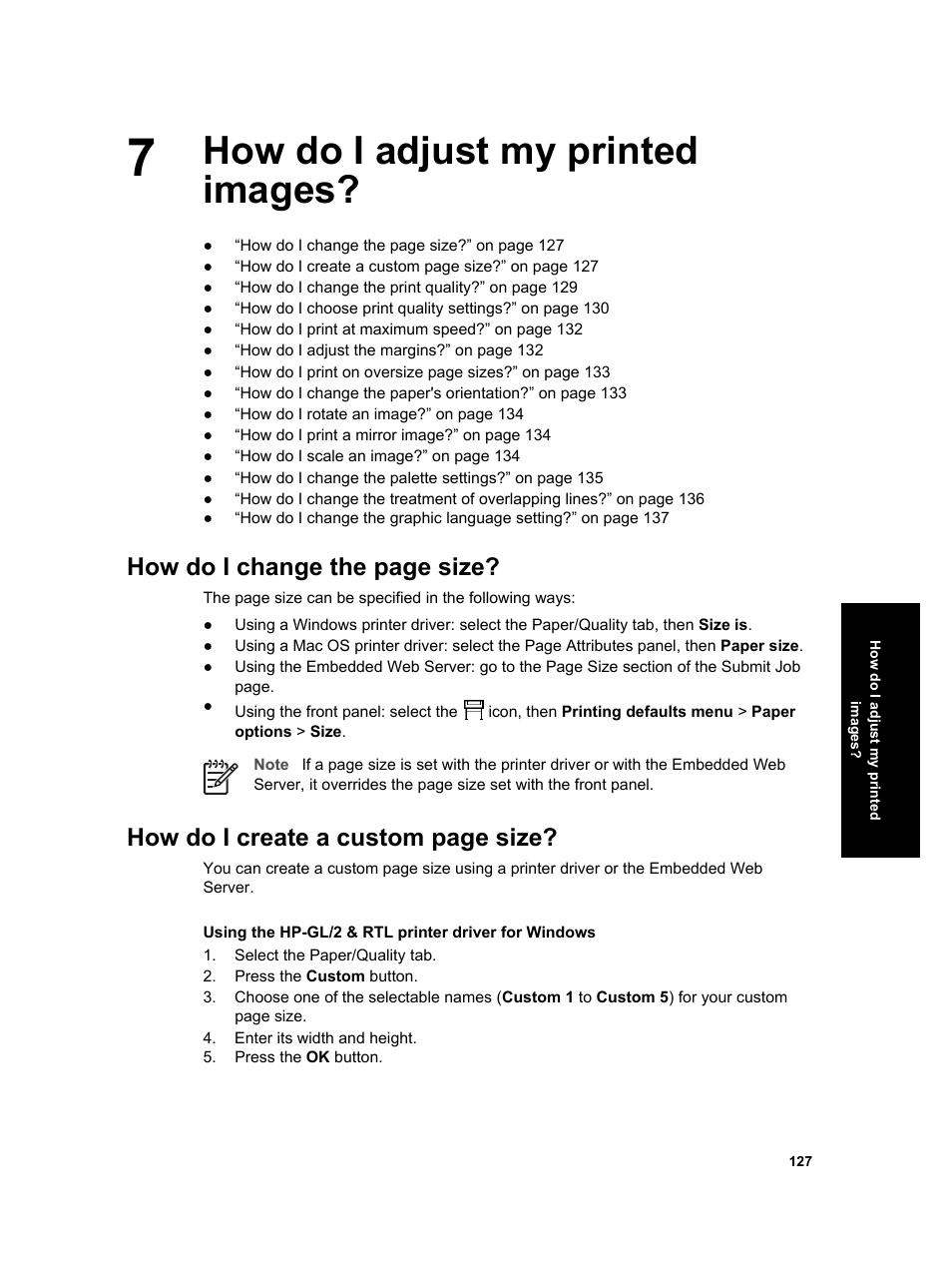 How do i adjust my printed images, How do i change the page size, How do i create a custom page size | HP Designjet 4000 Printer series User Manual | Page 129 / 268