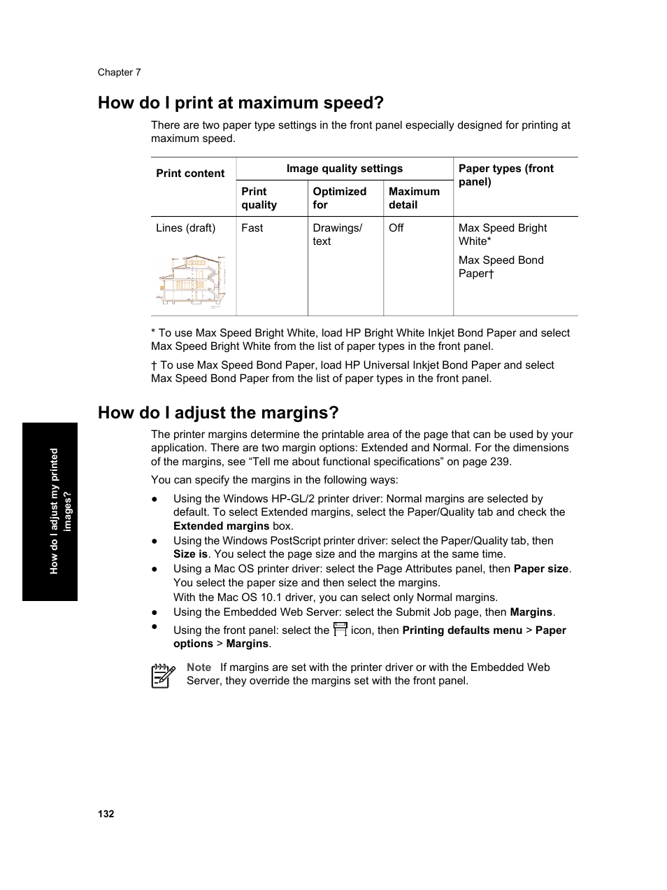 How do i print at maximum speed, How do i adjust the margins | HP Designjet 4000 Printer series User Manual | Page 134 / 268