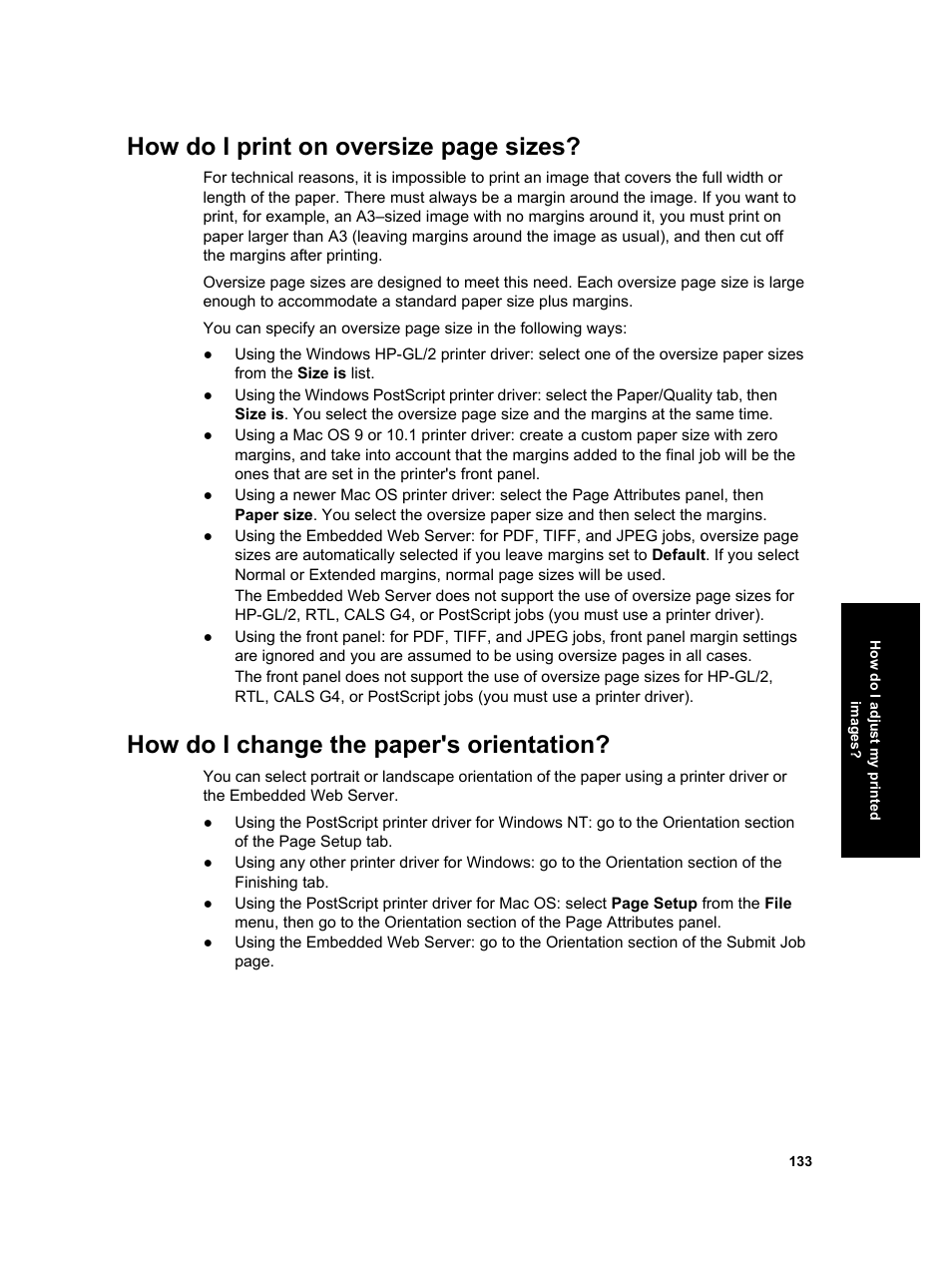 How do i print on oversize page sizes, How do i change the paper's orientation | HP Designjet 4000 Printer series User Manual | Page 135 / 268