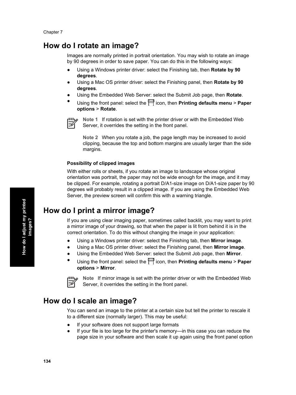 How do i rotate an image, How do i print a mirror image, How do i scale an image | HP Designjet 4000 Printer series User Manual | Page 136 / 268