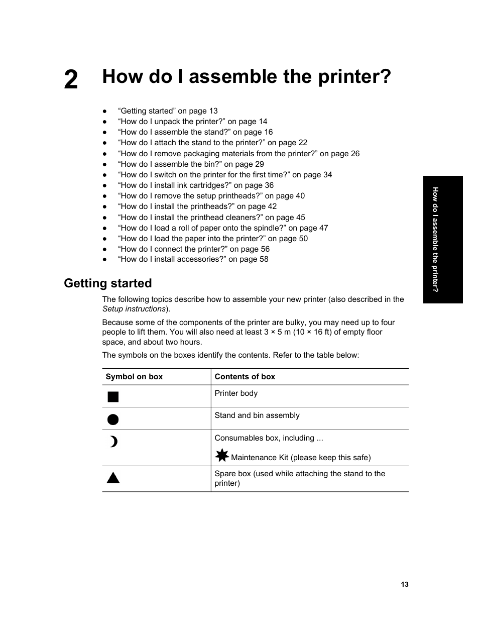 How do i assemble the printer, Getting started | HP Designjet 4000 Printer series User Manual | Page 15 / 268