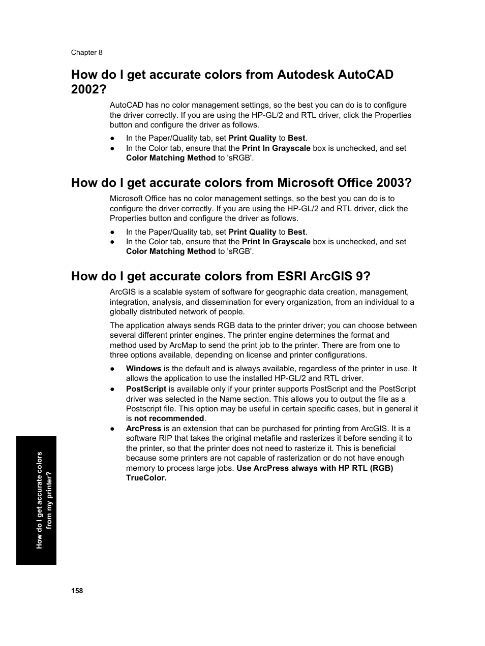 How do i get accurate colors from esri arcgis 9 | HP Designjet 4000 Printer series User Manual | Page 160 / 268