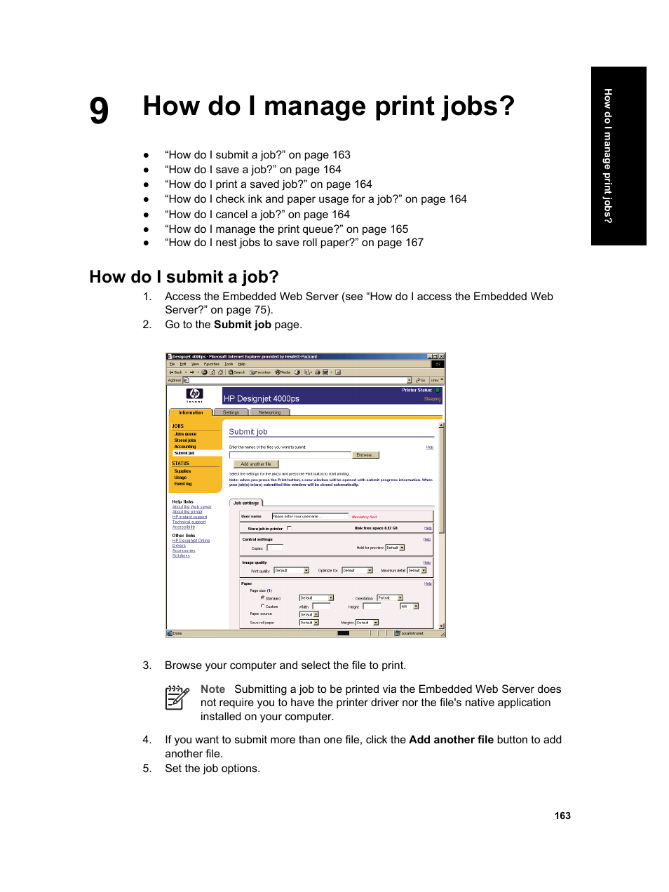 How do i manage print jobs, How do i submit a job | HP Designjet 4000 Printer series User Manual | Page 165 / 268