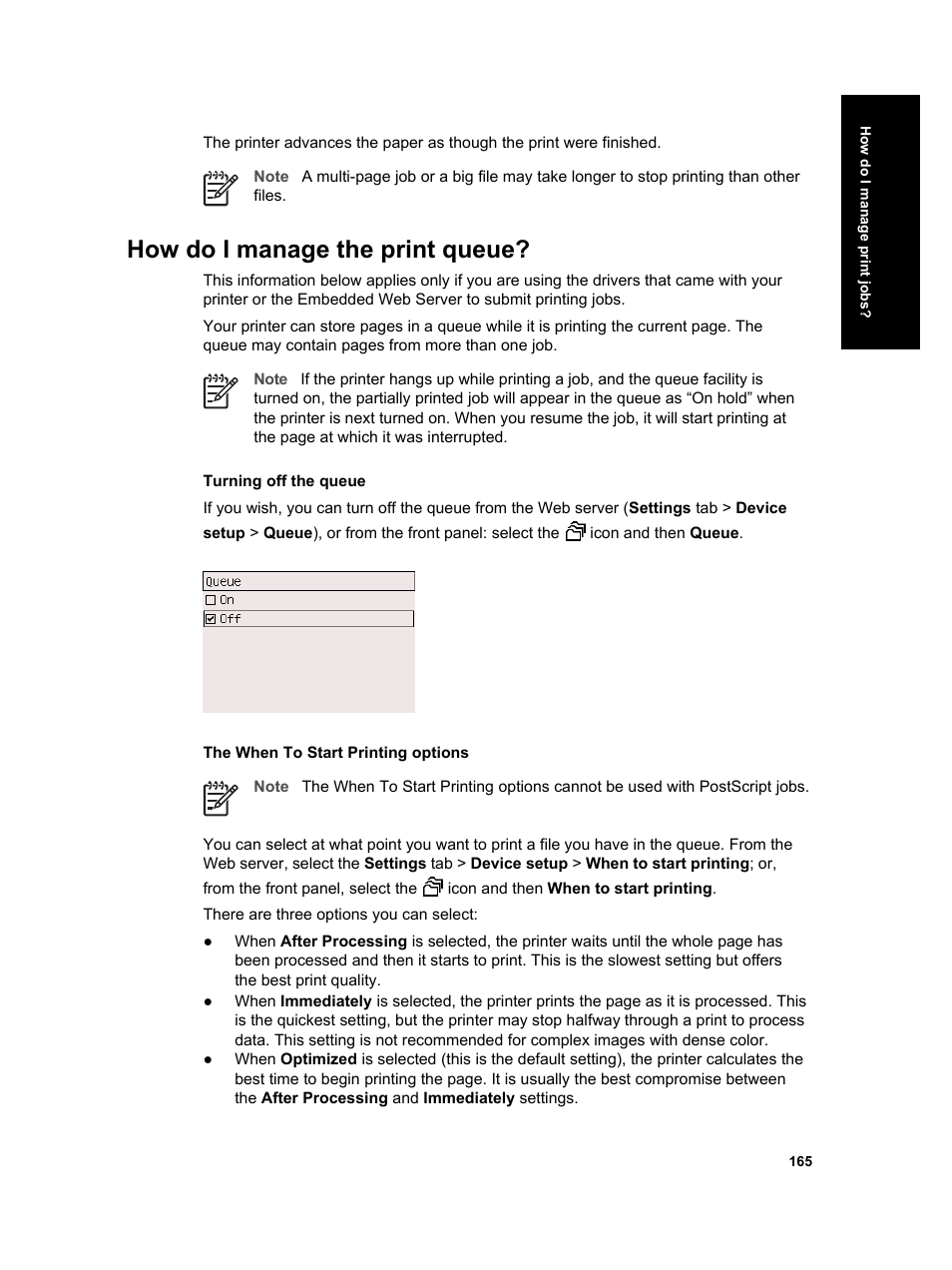 How do i manage the print queue | HP Designjet 4000 Printer series User Manual | Page 167 / 268