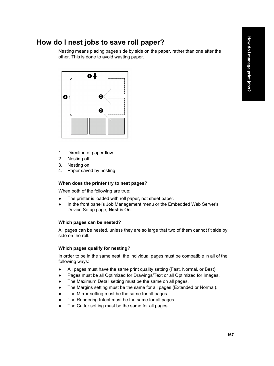 How do i nest jobs to save roll paper | HP Designjet 4000 Printer series User Manual | Page 169 / 268