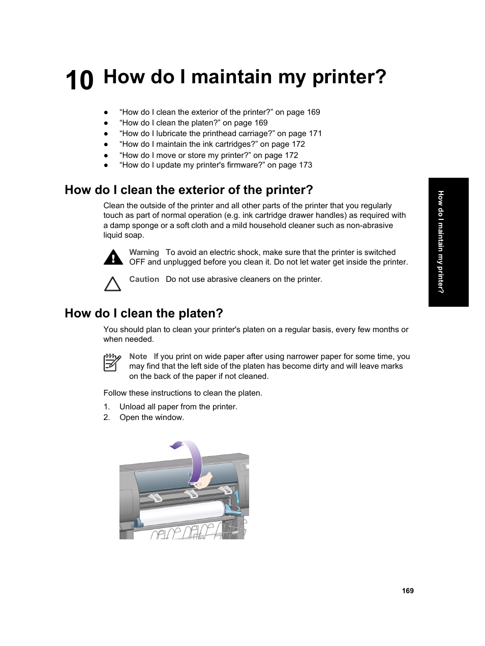 How do i maintain my printer, How do i clean the exterior of the printer, How do i clean the platen | HP Designjet 4000 Printer series User Manual | Page 171 / 268