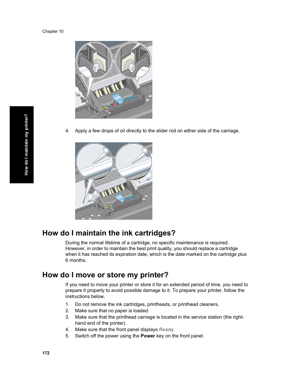 How do i maintain the ink cartridges, How do i move or store my printer | HP Designjet 4000 Printer series User Manual | Page 174 / 268