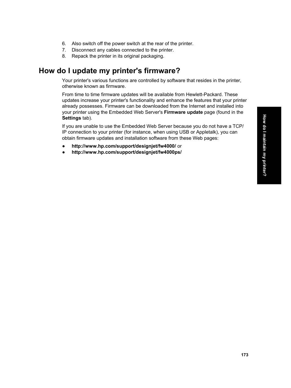How do i update my printer's firmware | HP Designjet 4000 Printer series User Manual | Page 175 / 268