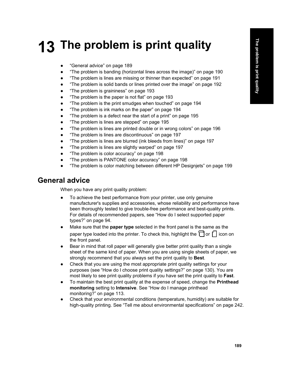 The problem is print quality, General advice | HP Designjet 4000 Printer series User Manual | Page 191 / 268