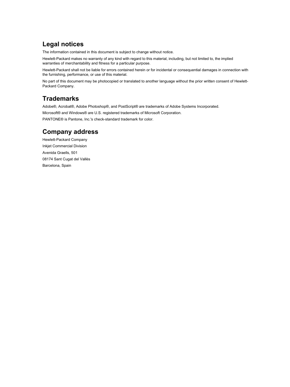 Legal notices, Trademarks, Company address | HP Designjet 4000 Printer series User Manual | Page 2 / 268
