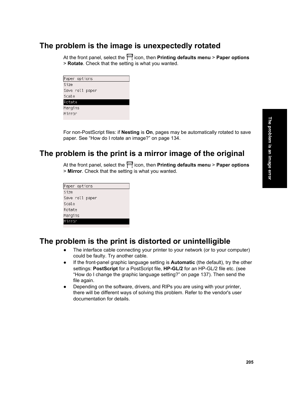 The problem is the image is unexpectedly rotated | HP Designjet 4000 Printer series User Manual | Page 207 / 268