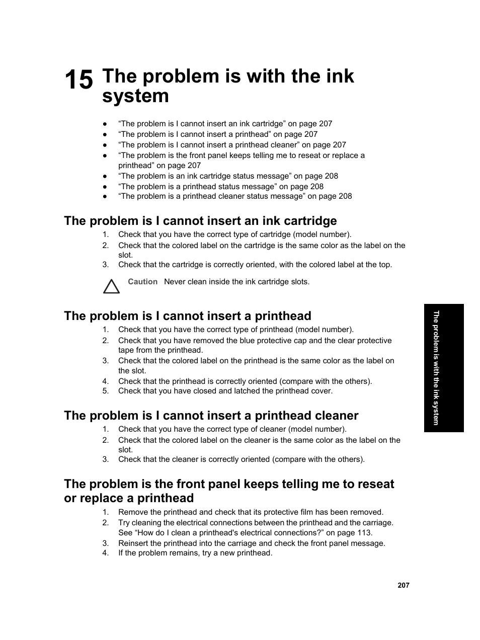 The problem is with the ink system, The problem is i cannot insert an ink cartridge, The problem is i cannot insert a printhead | The problem is i cannot insert a printhead cleaner | HP Designjet 4000 Printer series User Manual | Page 209 / 268