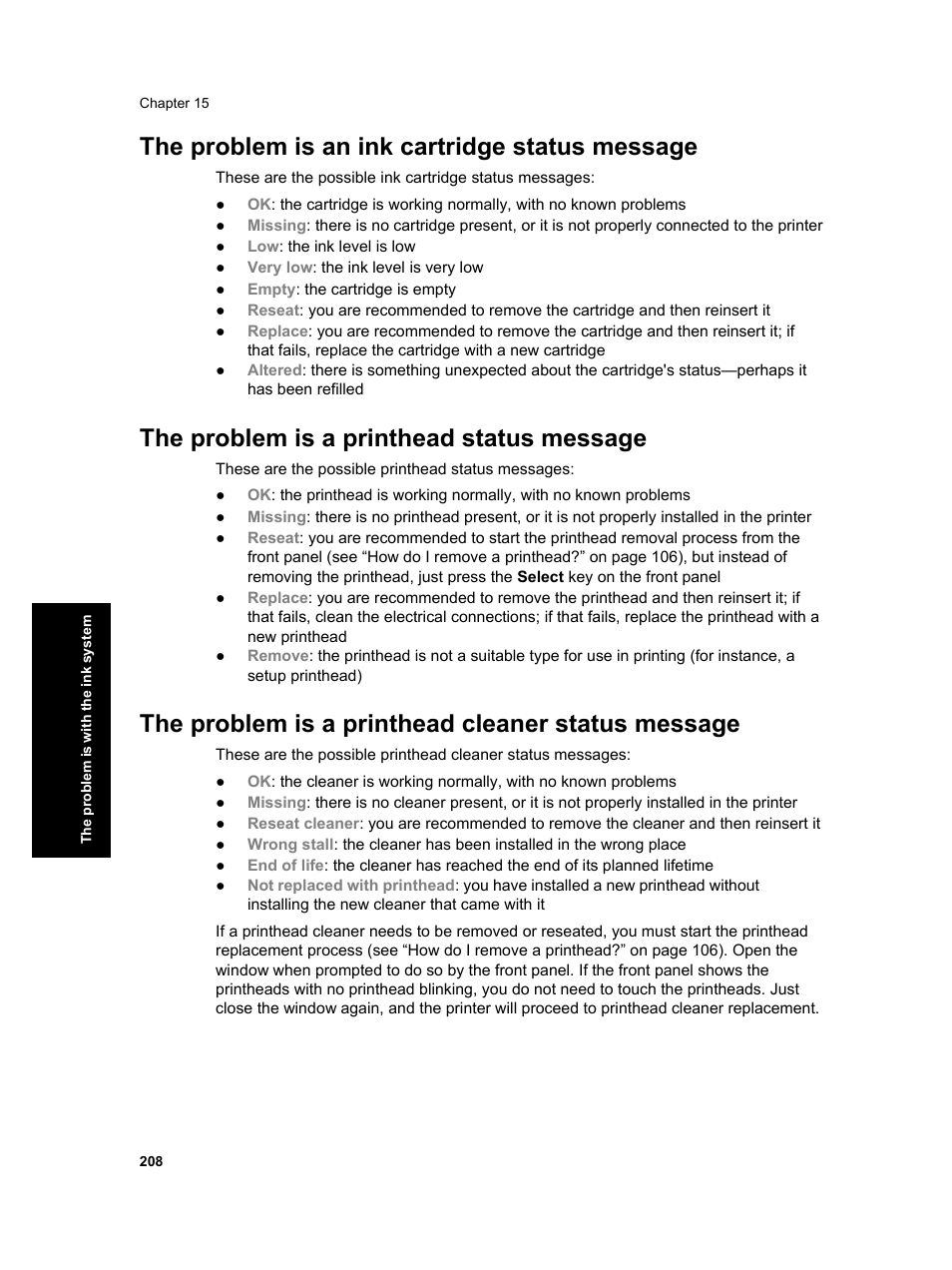 The problem is an ink cartridge status message, The problem is a printhead status message, The problem is a printhead cleaner status message | HP Designjet 4000 Printer series User Manual | Page 210 / 268