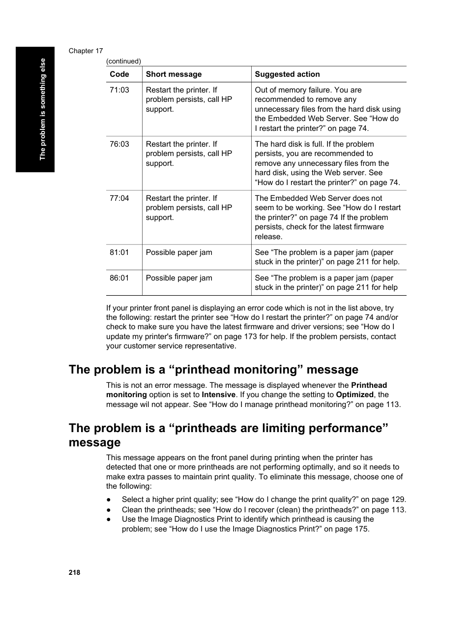 The problem is a “printhead monitoring” message | HP Designjet 4000 Printer series User Manual | Page 220 / 268