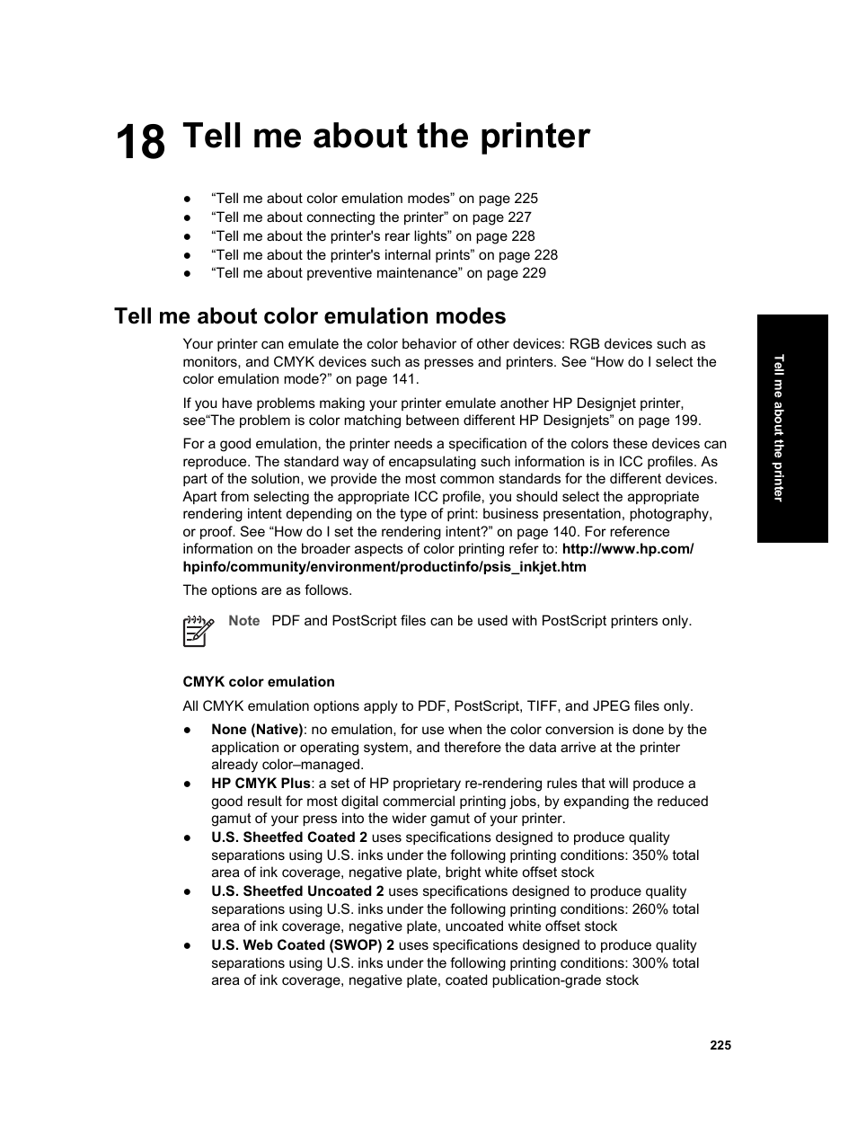 Tell me about the printer, Tell me about color emulation modes | HP Designjet 4000 Printer series User Manual | Page 227 / 268