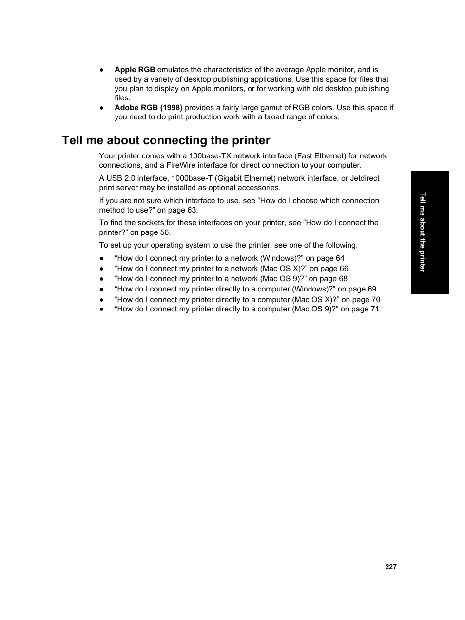 Tell me about connecting the printer | HP Designjet 4000 Printer series User Manual | Page 229 / 268