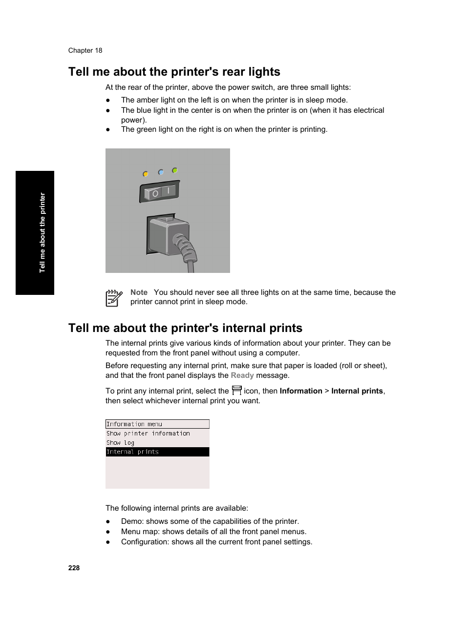 Tell me about the printer's rear lights, Tell me about the printer's internal prints | HP Designjet 4000 Printer series User Manual | Page 230 / 268